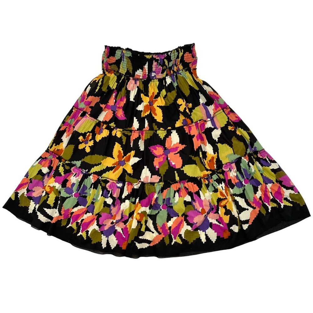 Chaudry Womens Black Multi Colored Lightweight Floral Tiered Midi Skirt Size M